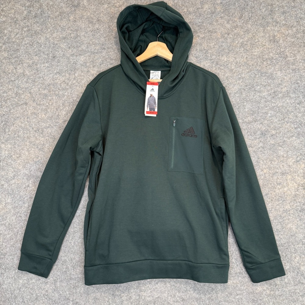 Adidas Fleece Hoodie‎ Sweatshirt Mens Medium Dark Green Chest Zip Pocket NEW